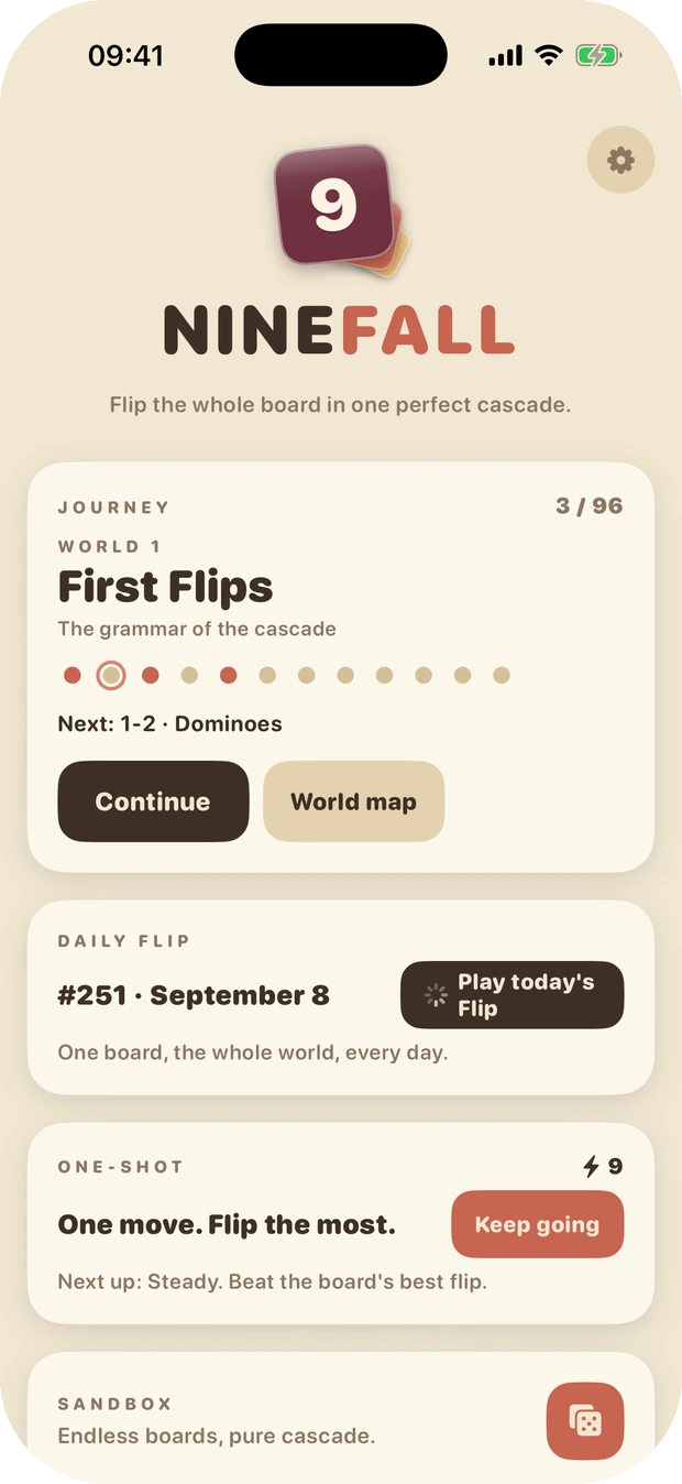 The Ninefall home screen: Journey, Daily Flip, One-Shot and Sandbox